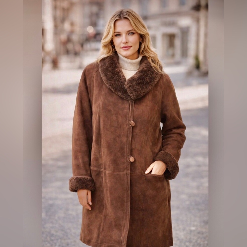 Shearling Brown Suede Vintage Coat Sz L/Carol & Irwin Ware -I. Magnin